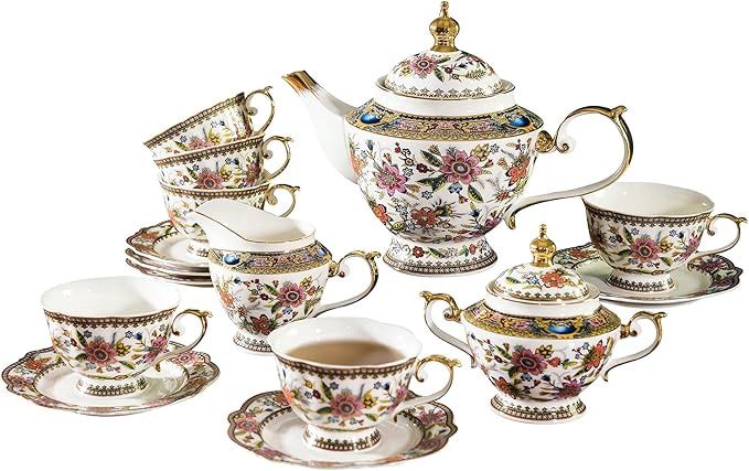 ACMLIFE British Royal 22K Gold-Plated Tea Set with Teapot for 6 Adults - 21 Piece