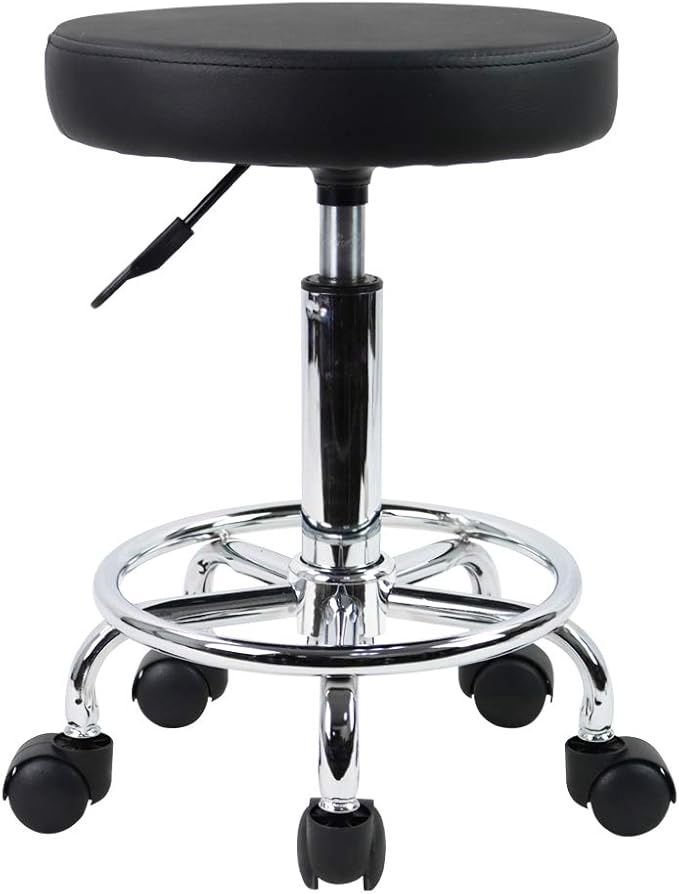 KKTONER PU Leather Round Rolling Stool with Foot Rest Swivel Height Adjustment