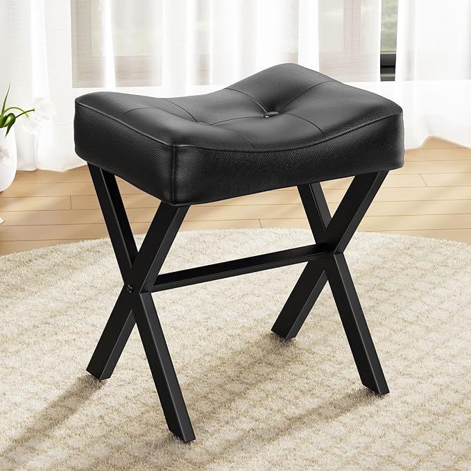 18-Inch Leather Vanity Stool Chair, Vanity Bench with Metal X-Leg