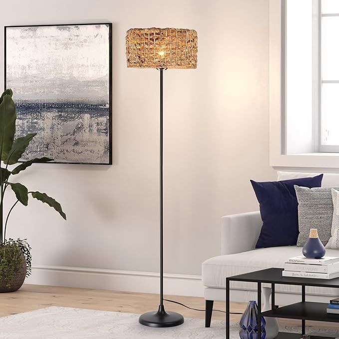 Boho Floor Lamp Standing Lighting with Straw Rattan Round Lampshade Industrial