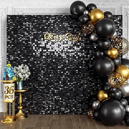 COKAOBE Black Shimmer Wall Backdrop, 36PCS Square Sequin Shimmer Backdrop Panel