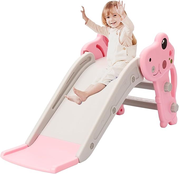 Toddler Slide, Baby&#39;s First Slide, Freestanding Slide with Basketball Hoop and Ball, Pink