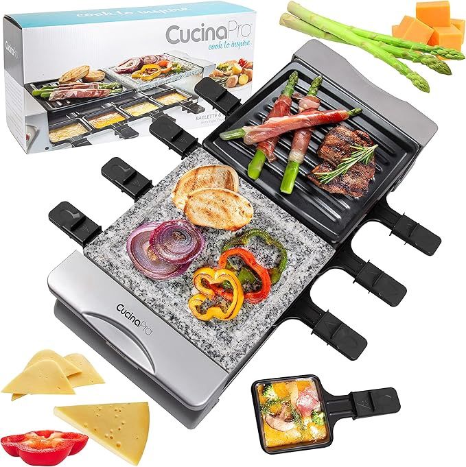 Dual Cheese Raclette Table Grill w Non-stick Grilling Plate and Cooking Stone