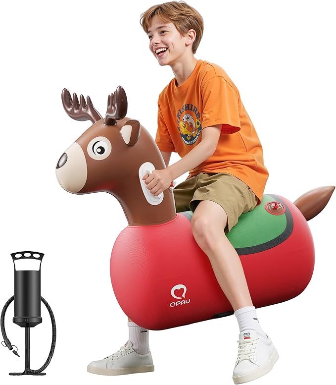 QPAU Inflatable Reindeer Hopper Bouncy Toy with Fabric Cover &amp; Pump