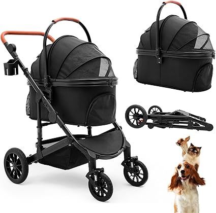 Pet Stroller with 4 Wheels, Foldable Pet Travel Carrier for Small/Medium Dogs/Cats