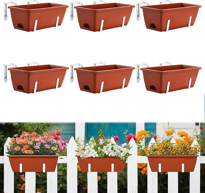 Railing Planter Box Adjustable Window Boxes Planters with Brackets Set of 6 - Red/White