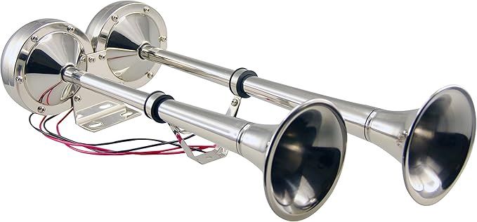 Pactrade Marine Boat Stainless Steel Electric Dual Trumpet Horn Complete Set 12V