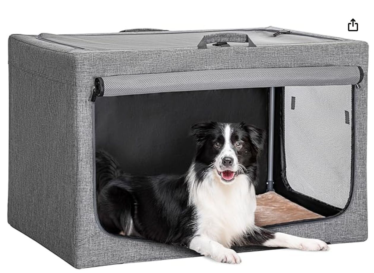 PETSFIT Foldable Soft Sided Dog Crate, Colour: Grey, Size: L91cm x W61cm x H58cm
