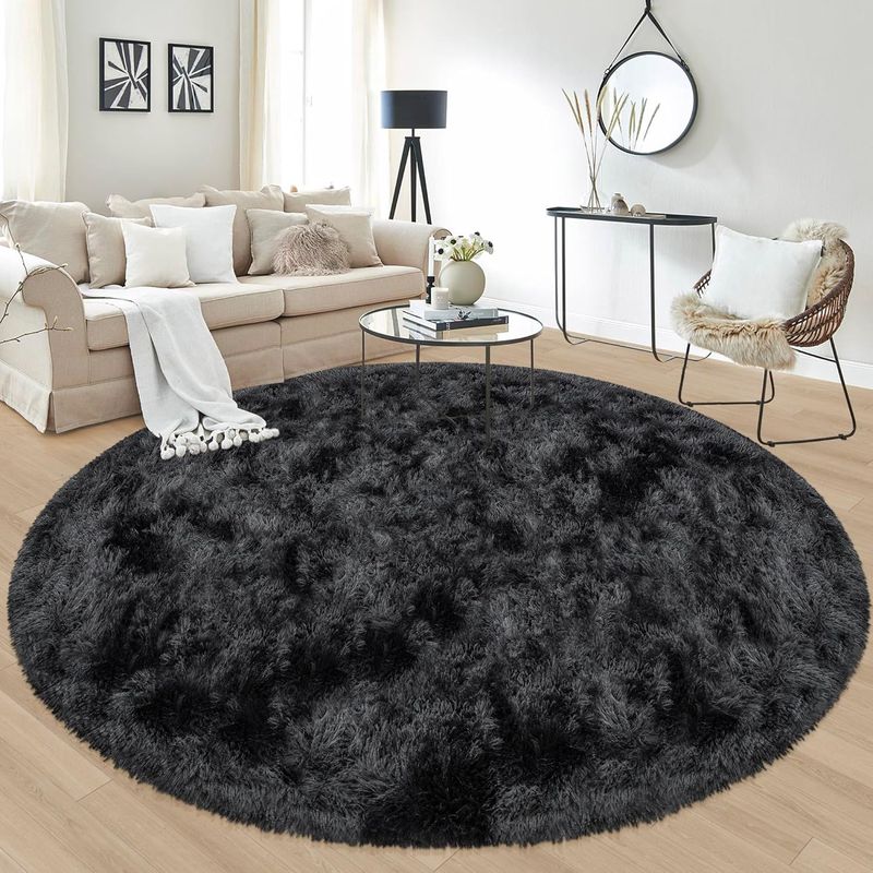 8x8 ft Tie Dye Black Round Rug for Bedroom Room Fluffy Circle Rug