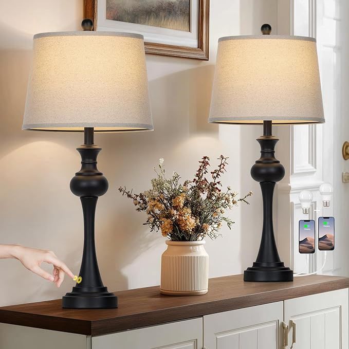 28.75&quot; Black Table Lamps Modern 3-Way Dimmable Bedside Lamp with USB A+C Ports