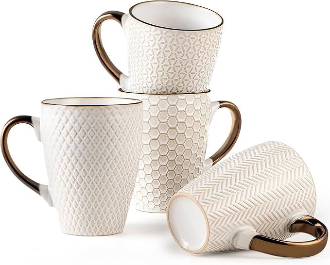 Ceramic Coffee Mug Set - 16 Oz Large Coffee Mugs - Embossed Stoneware Cups with Handle