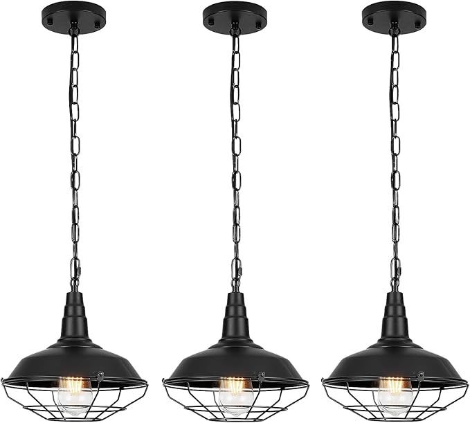 Black Pendant Light Kitchen Island 3 Pack, Farmhouse Pendant Light with Metal