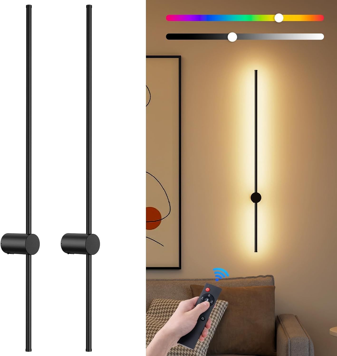 NIORSUN 40 Inch Battery Operated Wall Sconce Set of 2 - Black Minimalist