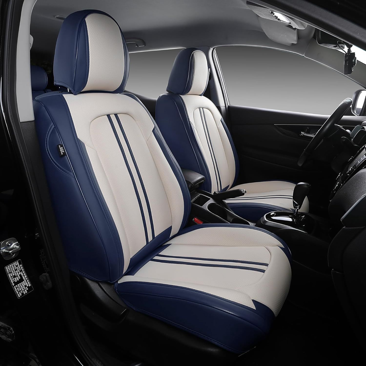 FREESOO Leather Car Seat Covers Full Set, Beige Blue Seat Covers for Cars SUV Trucks