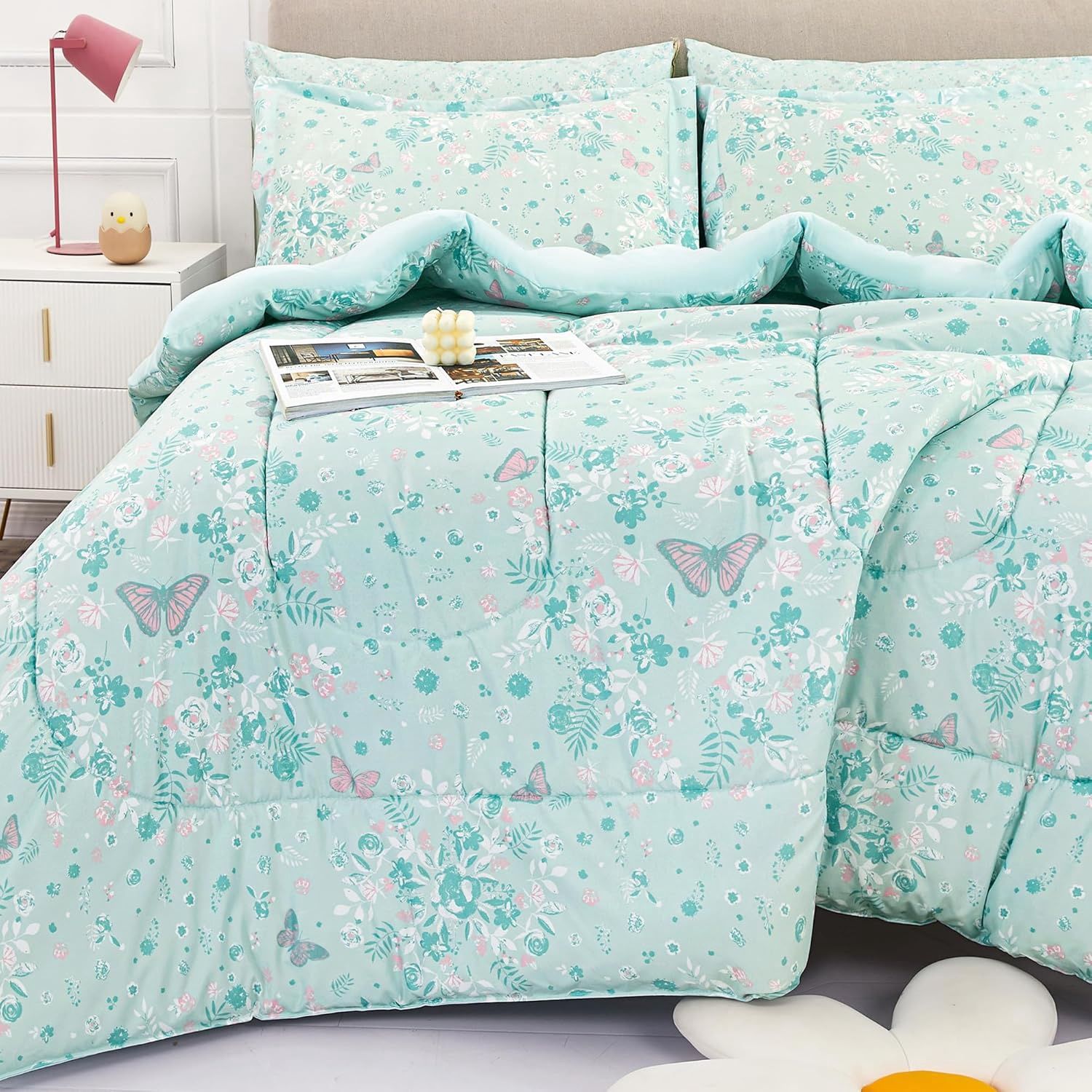 Viviland Kids Twin Single Bedding Sets for Girls - Green Butterfly
