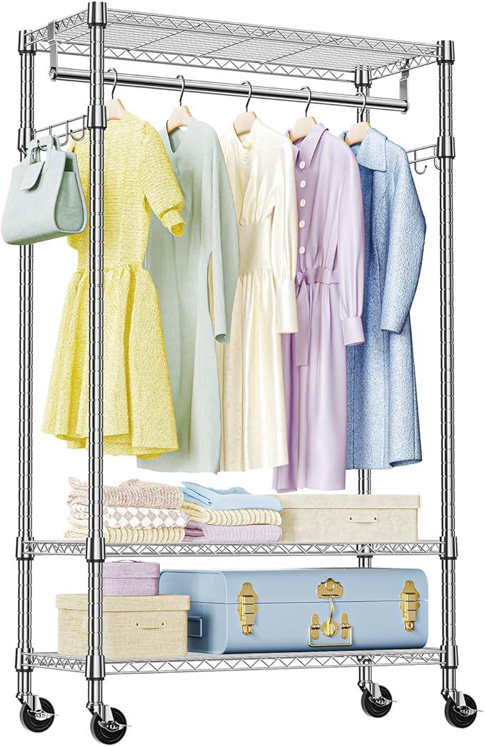 IZEUK Rolling Garment Rack 3 Tiers Adjustable Wire Shelving Clothes Racks
