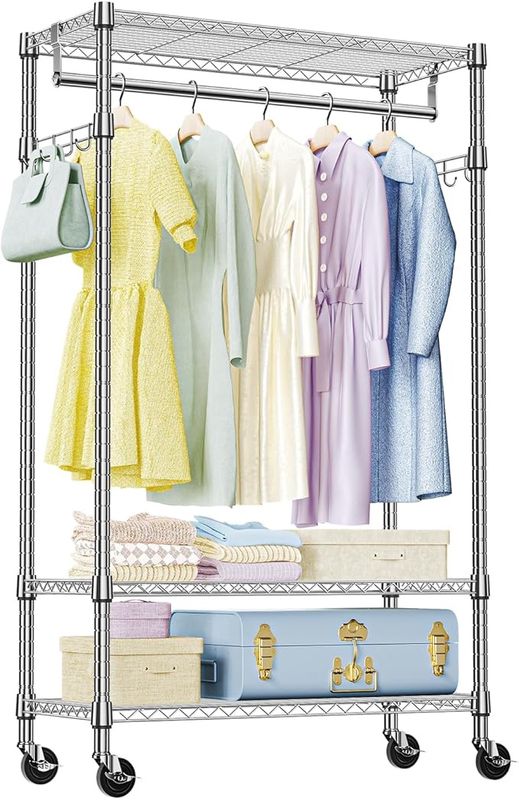 IZEUK Rolling Garment Rack 3 Tiers Adjustable Wire Shelving Clothes Racks