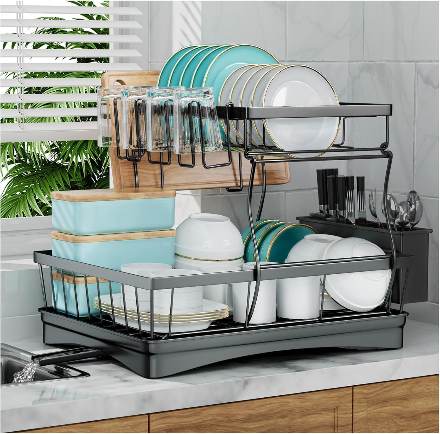 7 code Large Dish Drying Rack for Kitchen Counter - Black
