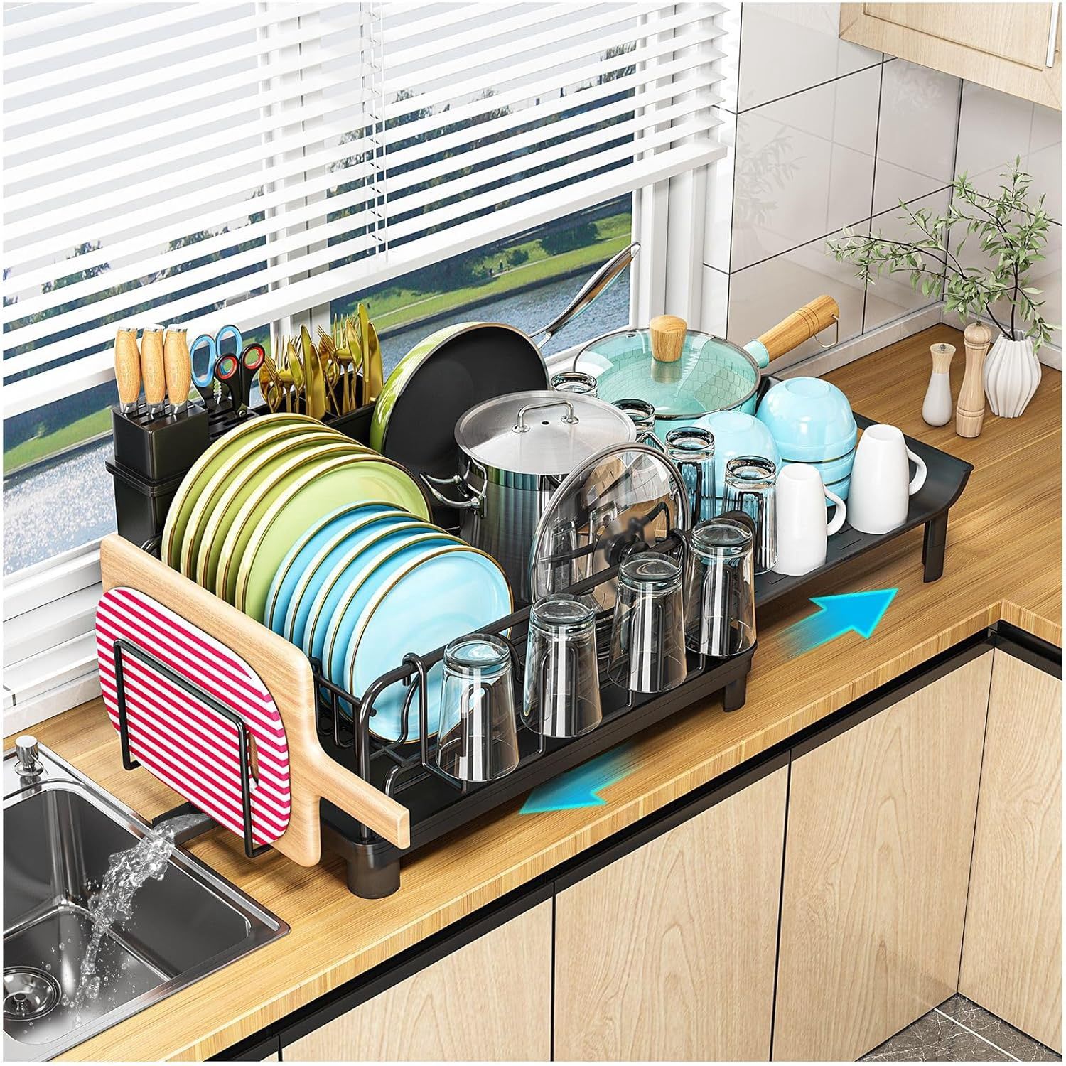 Expandable Dish Drying Rack, Kitchen Organizer with Utensil Holder