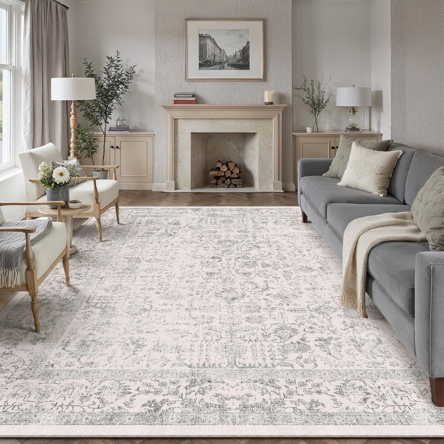 Grey Area Rug 8x10 Washable Living Room Distressed Vintage Bedroom