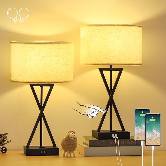 Bedside Lamp with USB Port and Outlet Set of 2 Modern 3 Way Dimmable Touch Lamp