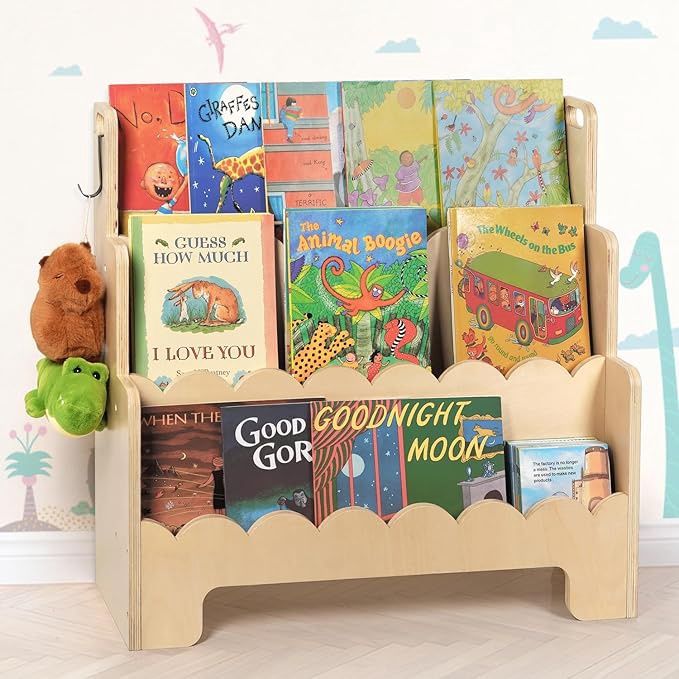 Kids Bookshelf Wooden 3-Tier, Scalloped Book Shelf for Kids Rooms