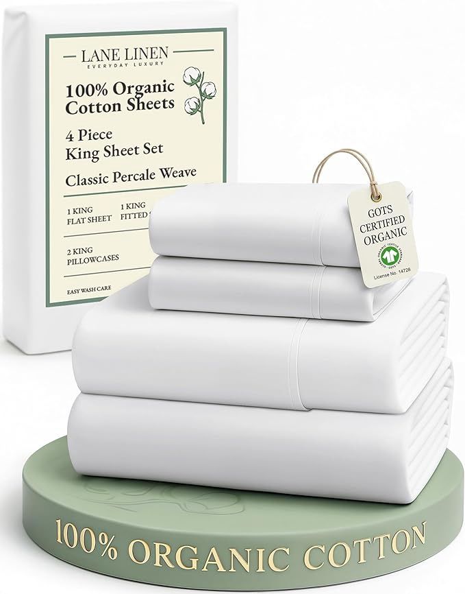 Lane Linen 100% Organic Cotton King Size 4 Piece Sheet Set White– Comfy Breathable Sheets