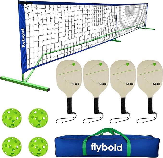 flybold Pickleball Net |Portable Set with/without 4 Paddles| Net Regulation Size Equipment