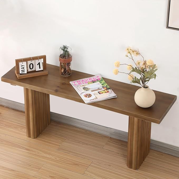 Solid Wood Entryway Bench - 43.3&quot; Fluted Farmhouse Bench, Indoor Long Dining Bench