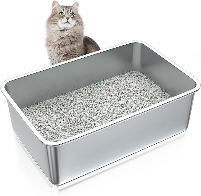 ZuHucpts Stainless Steel Cat Litter Box, X-Large Metal Litter Pan for Cats (24&quot; Lx16 Wx8 H)