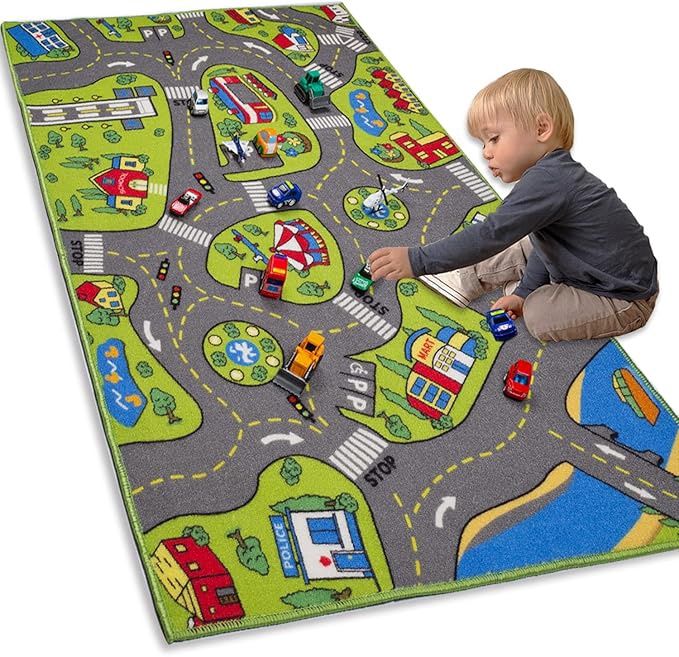 Large Kids Carpet Playmat Rug 32" x 52" with Non-Slip Backing, City Life Play Mat for Playing