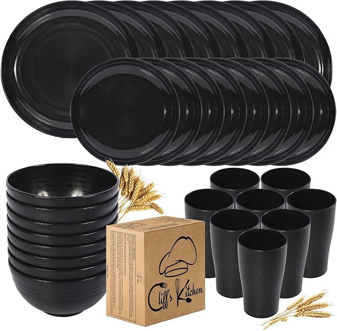 32 Pcs Wheat Straw Dinnerware Sets-Black Dinnerware Sets for 8