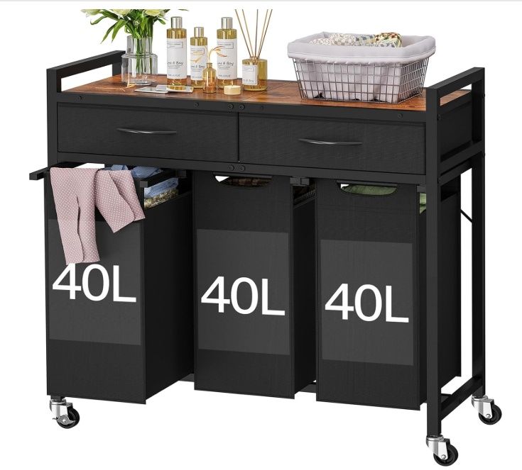 Rolling Laundry Basket with 2 Drawers, Laundry Hamper with 3 Section Pull-Out Bags