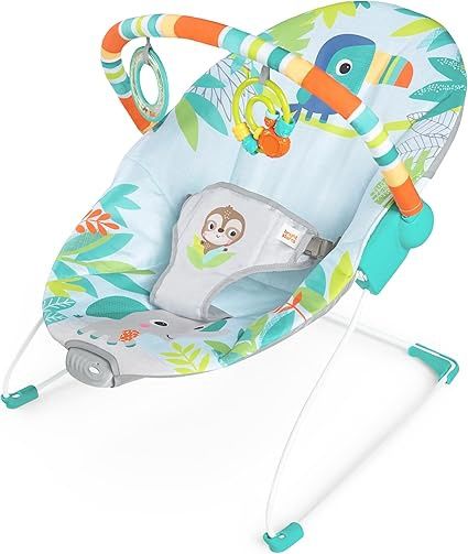 Bright Starts Rainforest Vibes 3-Point Harness Vibrating Baby Bouncer with -Toy bar