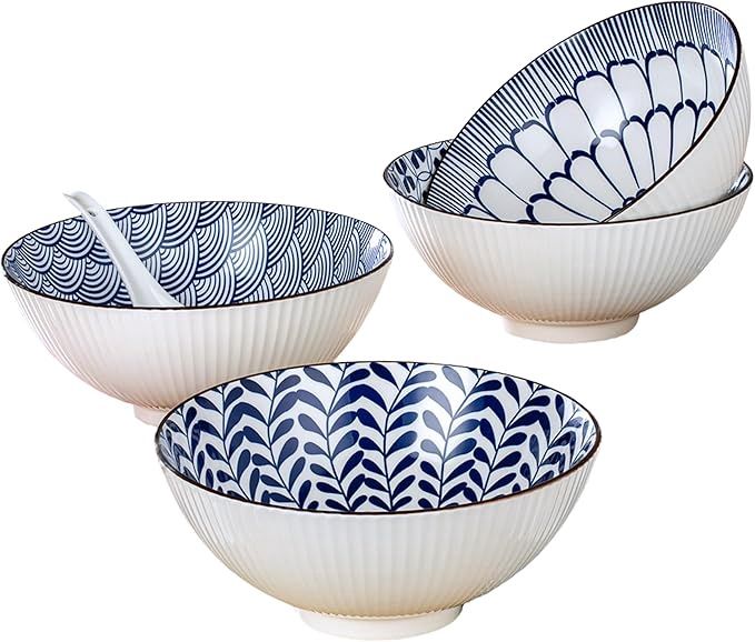 Signature Housewares Ceramic Noodle Ramen Soup Bowl 8pc Set, 4 Bowls and 4 Spoons