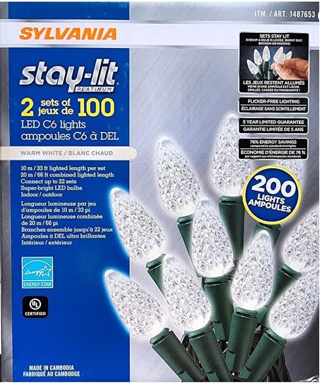 Sylvania - Stay-Lit LED C6 Outdoor/Indoor String Lights, 2 x 100 Lights, Warm White