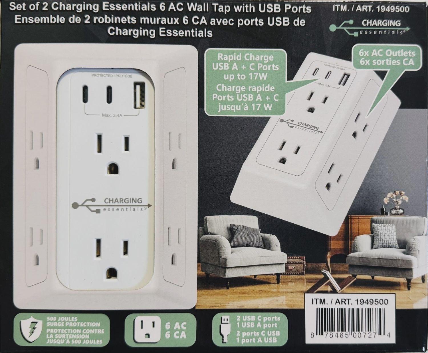 Set of 2 charging essentials 6 AC Wall Tap with USB Ports