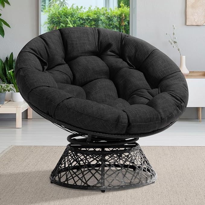 Bme 40" Ergonomic Wicker Papasan Chair with Soft Thick Cushion &amp; Frame, 360° Swivel
