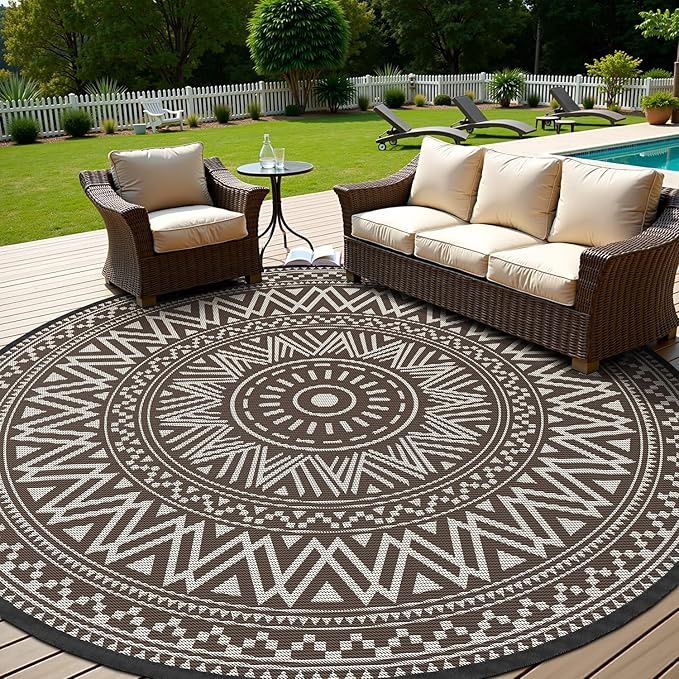 Round Outdoor Rug 8x8 ft Waterproof Outdoor Carpet-Patio RV Deck Camping Rug