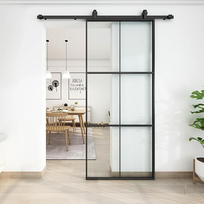 JUBEST 36in x 84in Glass Sliding Barn Door with 6ft Hardware kit, 3-Panel Black