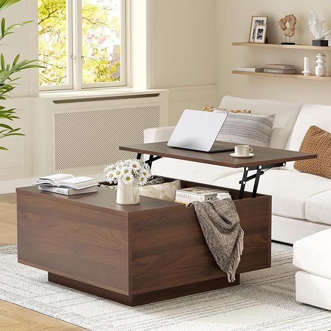 FABATO Lift Top Coffee Table, Wood Square Coffee Table with Storage, Farmhouse Coffee