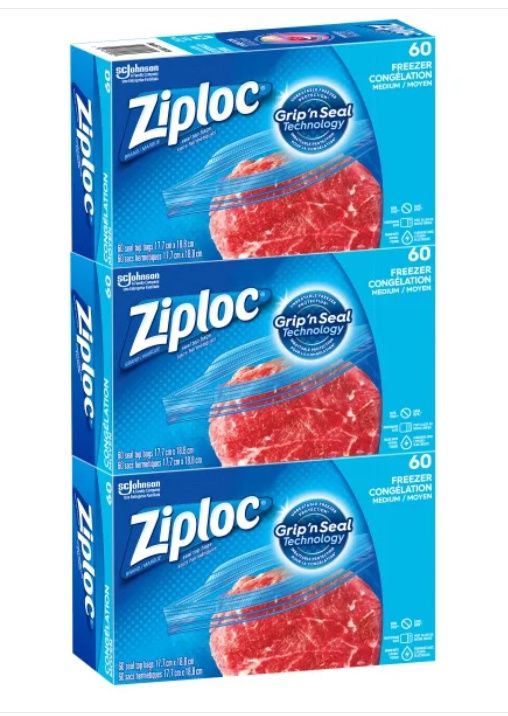 Ziploc Brand Medium Freezer Bags, 3 packs of 60