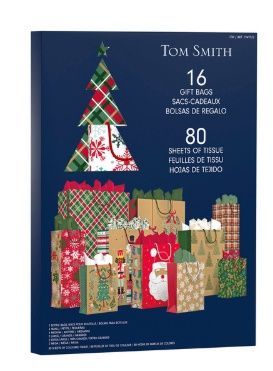 Tom Smith Gift Bags &amp; Tissue Paper Set, 16 Bags &amp; 80 Sheets