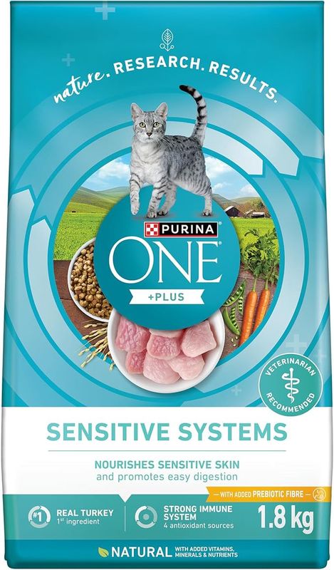 Purina ONE +Plus Dry Cat Food, Sensitive Systems Turkey - 1.8 kg Bag