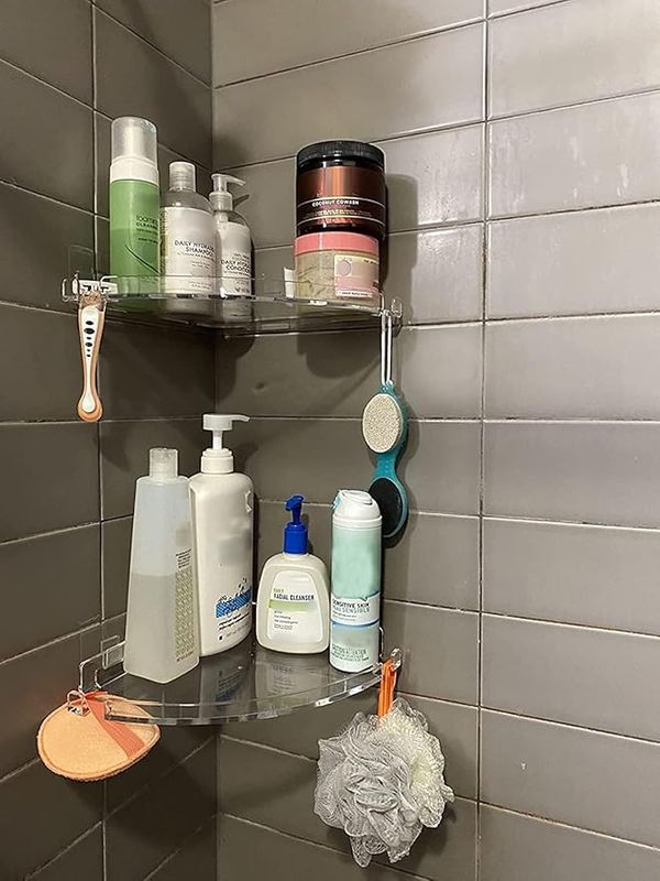 Acrylic Corner Shower Caddy Shelf with Hooks 2 Pack, Adhesive Wall Mounted Bathroom