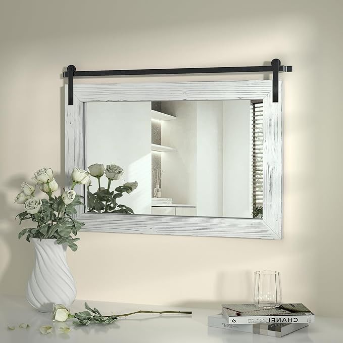 COGOOD Farmhouse Barn Door Mirror - 30" x 21" Rustic Wood Framed