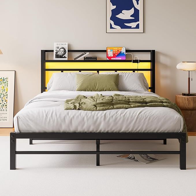 Maliacife Queen Size Bed Frame with Charging Station and LED Lights