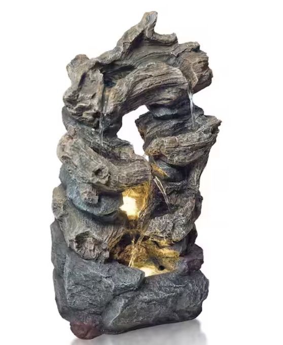 32 in Outdoor 4-Tier Polyresin Rainforest Wood and Rock Waterfall Fountain with LED Lights