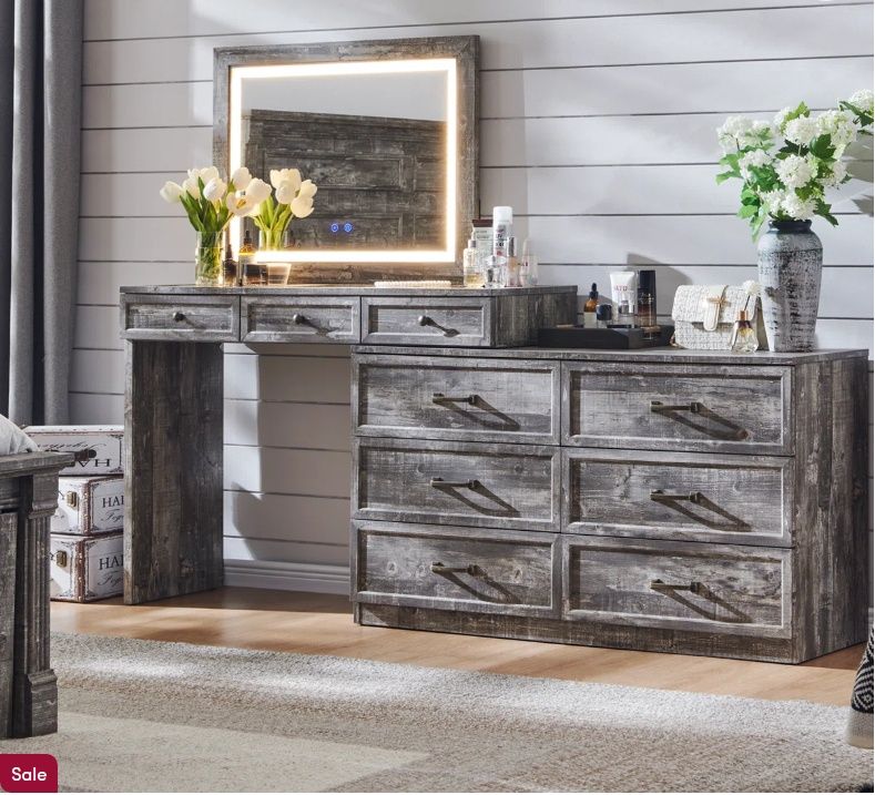 69" W Large Vanity Desk with 30" Lighted Mirror &amp; 9 Drawers, Farmhouse Corner Makeup Table