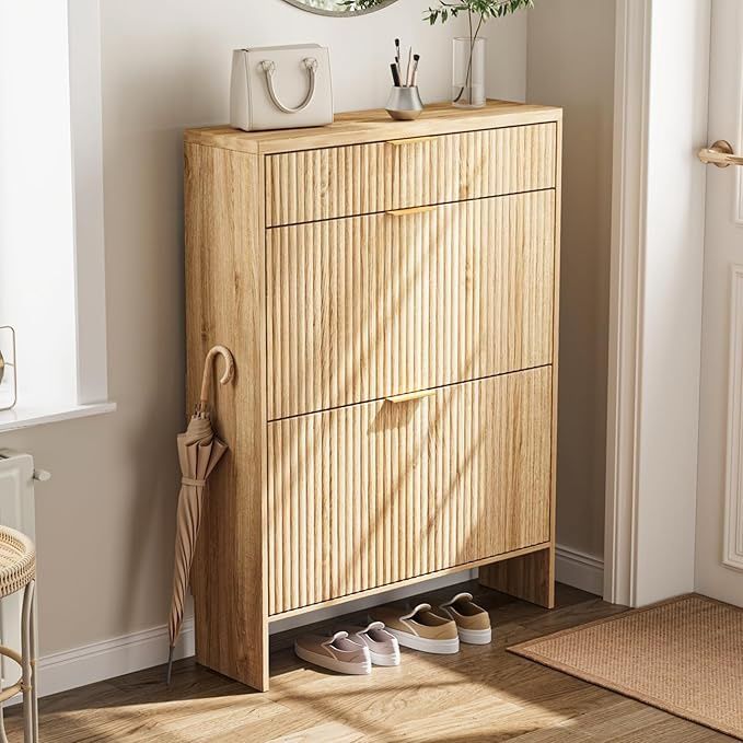 Fluted Shoe Cabinet Storage with 2 Flip Drawers &amp; 1 Drawers, Wood Narrow Hidden Shoe